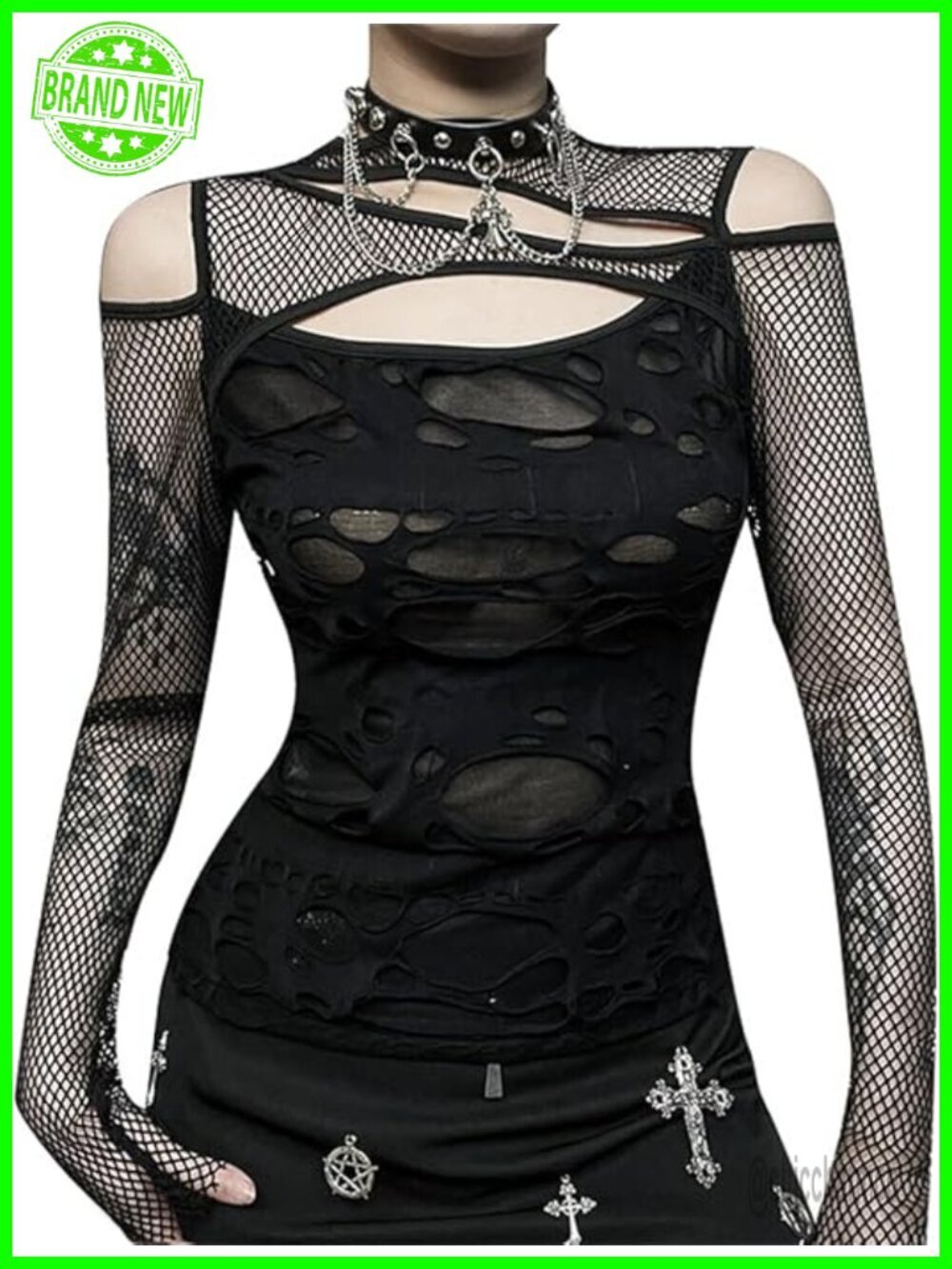 Gothic Mesh Fishnet Crop Top Long Sleeve Y2K Grunge Streetwear T-Shirt